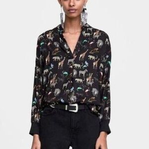 ZARA Black Blouse with Animal Print. EUC